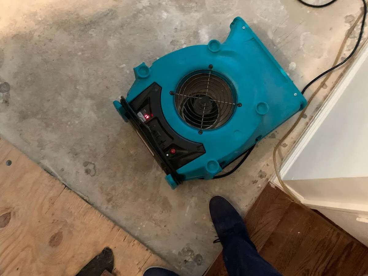 Air mover drying subfloor during Commercial Water Damage Restoration in East Windsor